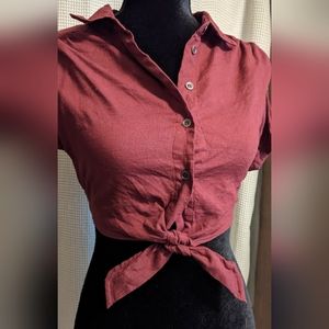 Kendall & Kylie Red Linen Blend Crop Blouse with Tie size XS